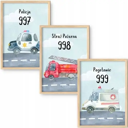 3 Plakaty Obrazki 50x70 Straż Pożarna Numery Alarm