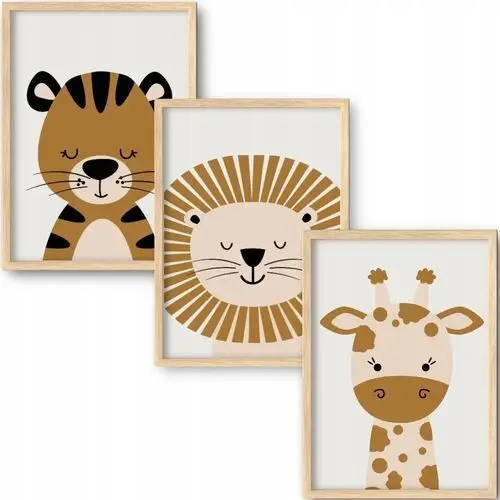 3 X Plakat 40x50 Safari Lew Tygrys Żyrafa Zwierzęta Boho Beżowe Beż Brązowy