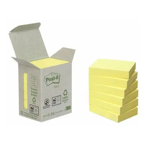 Ekologiczne karteczki samoprzylepne post-it® z certyfikatem pefc recycled, żółte, 38x51mm, 6x100 karteczek 3m
