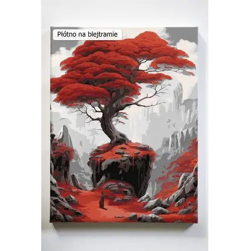Czerwień wyobraźni, drzewo, góry, czerwień, malowanie po numerach