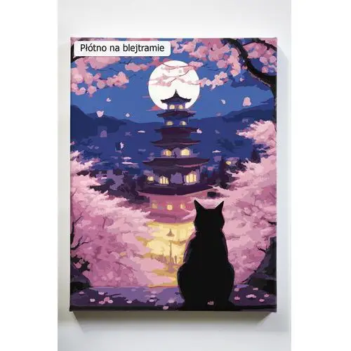 Akrylowo Japońskie nastroje, japonia, kot, azja, noc, drzewa, malowanie po numerach