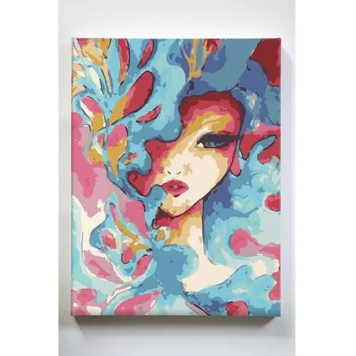 Akrylowo Kobieta z błękitu, tajemnica, kolor, spojrzenie, malowanie po numerach