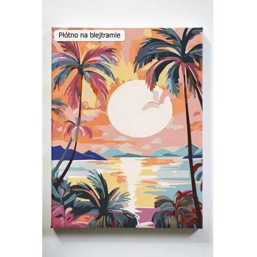 Akrylowo Tropiki, palmy, morze, zachód, słońce, malowanie po numerach, blejtram, polskie