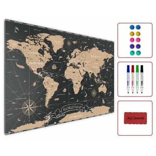 Tablica na magnesy METALboards, czarna mapa świata 60x40 cm + zestaw akcesoriów