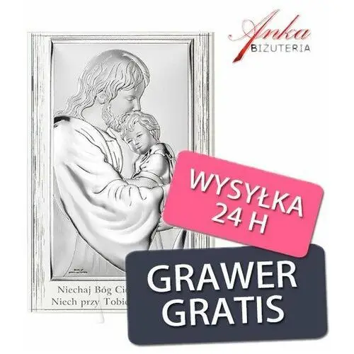 Ankabizuteria.pl obrazek srebrny jezus tulący dziecko na białym drewn