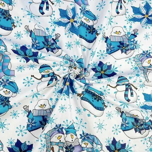 Antex Tkanina bawełniana wzór świąteczny bałwanki niebiesko szare na białym tle
