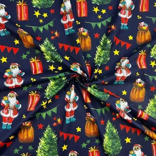 Tkanina bawełniana wzór świąteczny mikołaj z workiem prezentów na granatowym tle Antex