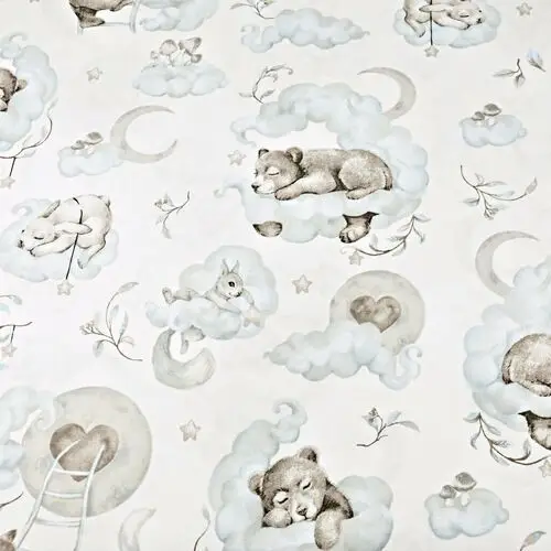 Antex Tkanina bawełniana zwierzątka śpiące z piernikami niebiesko-szare na białym tle