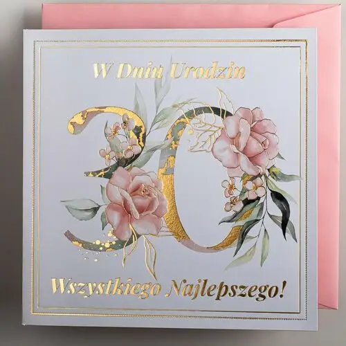 Kartka na 30 urodziny dla kobiety, złocenia i kwiaty Art nuvo
