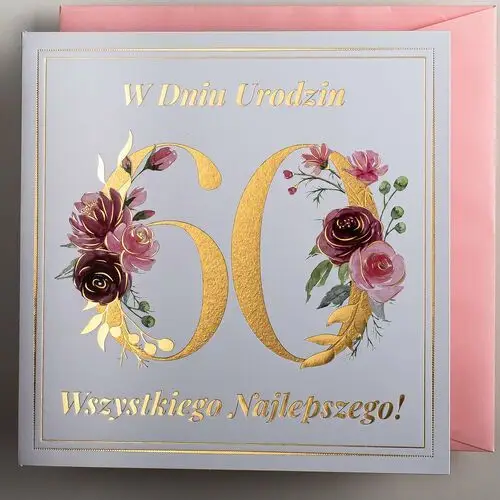 Art nuvo , kartka na 60 urodziny dla kobiety, złocenia i kwiaty
