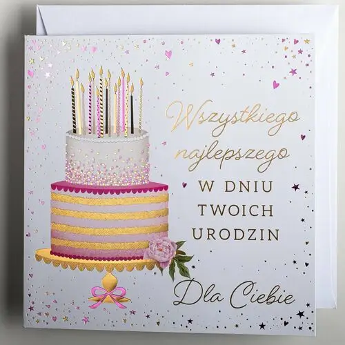 Kartka urodzinowa dla kobiety, różowy tort i złocenia Art nuvo