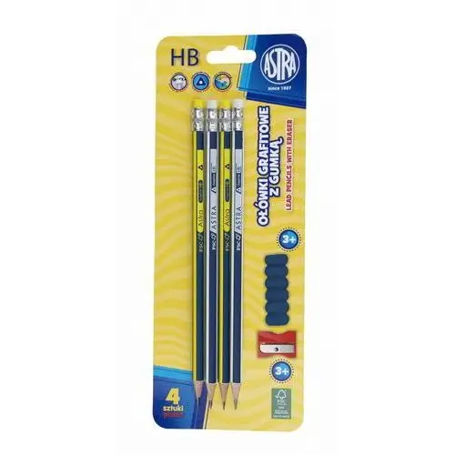 Ołówki grafitowe Astra z gumką temperówką i nakładką 4 sztuki