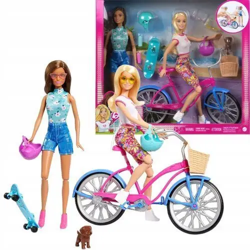 Barbie Zestaw 2 Lalki Piesek Akcesoria Rower Deskorolka Ubranka