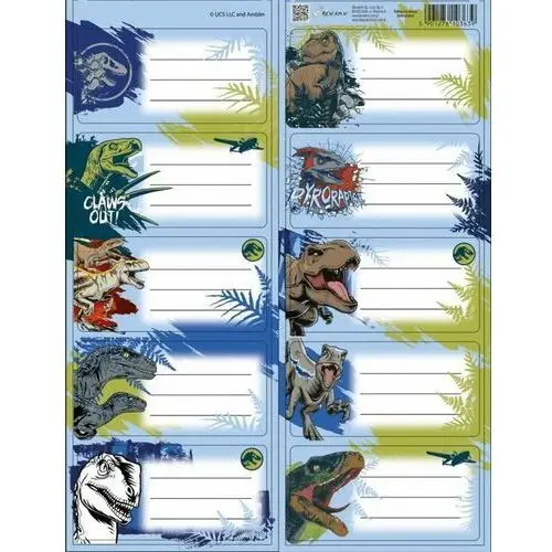 Naklejki na zeszyty Jurassic Park naklejki szkolne etykiety na zeszyty dinozaury