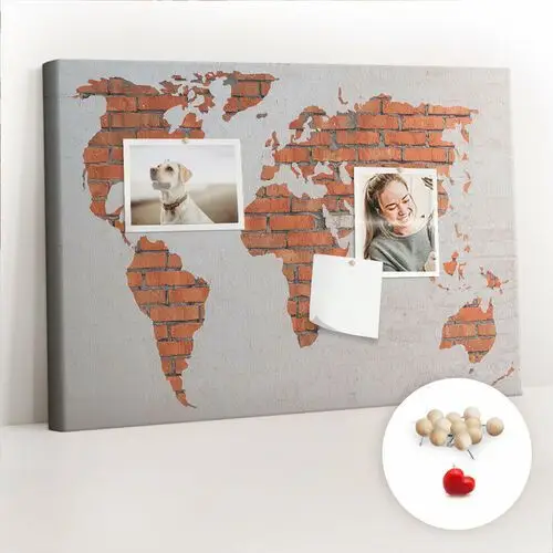 Coloray Dekoracyjna tablica korkowa, planer 60x40 cm, drewniane pinezki, wzór ceglana mapa świata