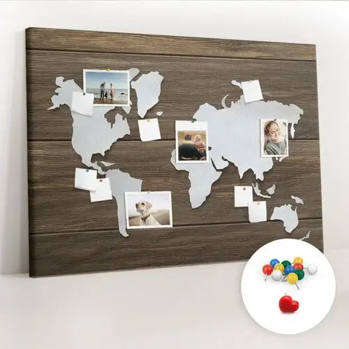 Duża Tablica, Korek 100x140 cm Wzór Mapa Świata na deskach + Pinezki Kolorowe