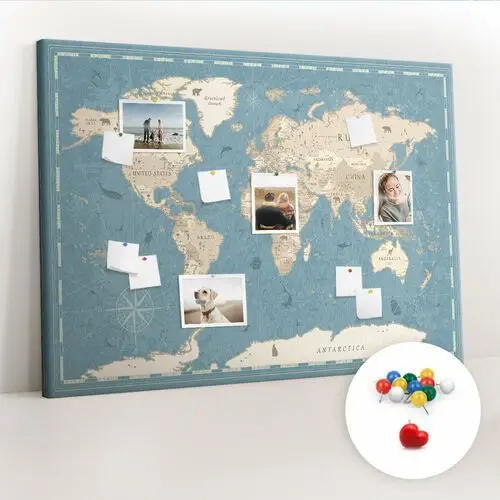 Duża tablica, korek 100x140 cm wzór mapa świata vintage + pinezki kolorowe Coloray