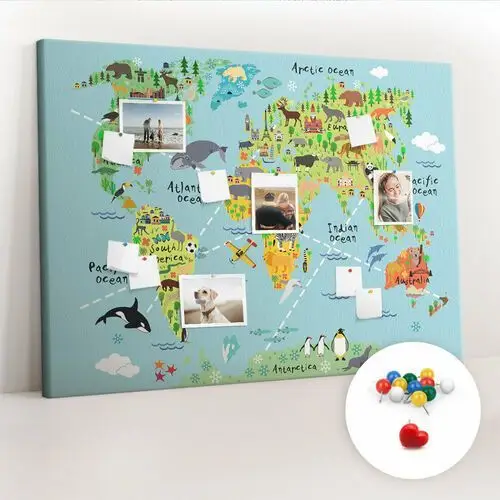 Coloray Duża tablica, korek 100x140 cm wzór mapa świata ze zwierzętami + pinezki kolorowe