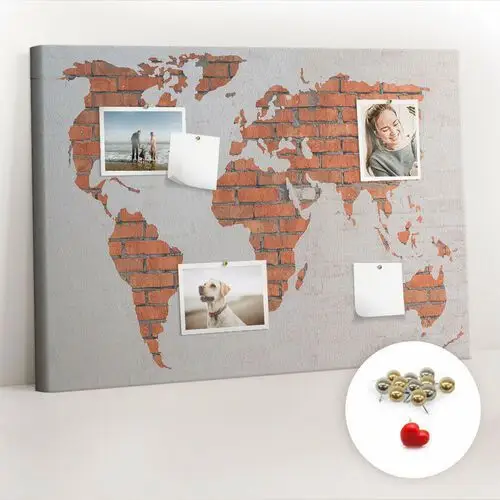 Korkowa tablica 100x70 cm - ceglana mapa świata + metaliczne pinezki Coloray