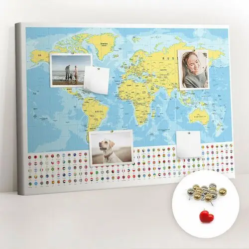 Coloray Korkowa tablica 100x70 cm - mapa świata i flagi + metaliczne pinezki