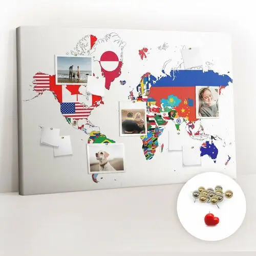 Coloray Organizer na ścianę xxl, tablica korkowa 120x80 cm - mapa flag narodowych + pinezki