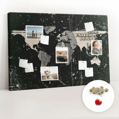 Organizer na ścianę XXL, Tablica Korkowa 120x80 cm - Mapa świata dolar + Pinezki