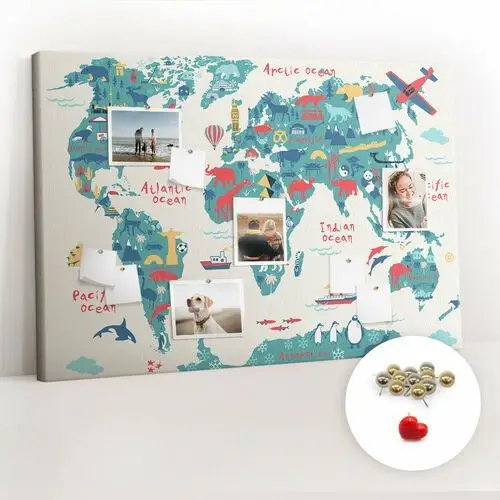 Coloray Organizer na ścianę xxl, tablica korkowa 120x80 cm - obrazkowa mapa świata + pinezki