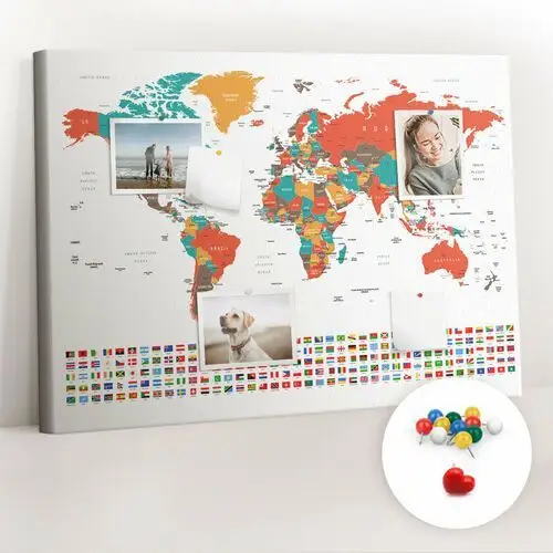 Organizer, Tablica korkowa 100x70 cm + Kolorowe Pinezki - Kolorowa mapa świata