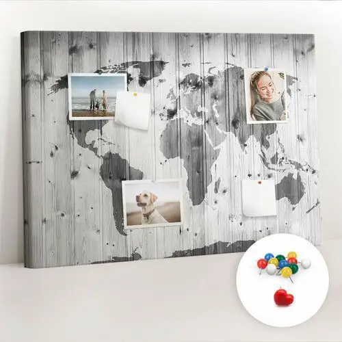 Organizer, Tablica korkowa 100x70 cm + Kolorowe Pinezki - Mapa Świata na drewnie