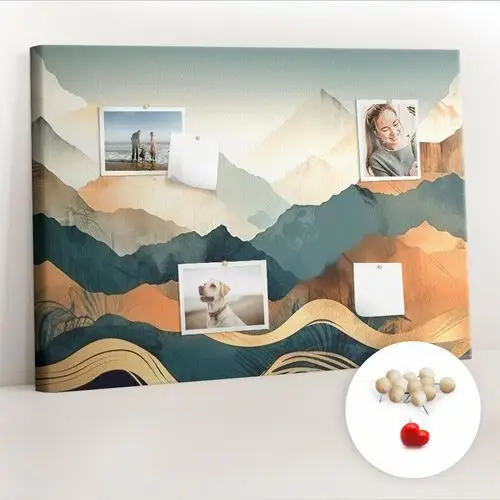 Coloray Planer na ścianę, tablica korkowa 100x70 cm, drewniane pinezki, wzór góry krajobraz