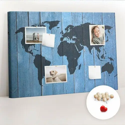 Planer na ścianę, tablica korkowa 100x70 cm, drewniane pinezki, wzór mapa świata deski Coloray