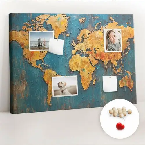 Planer na ścianę, tablica korkowa 100x70 cm, drewniane pinezki, wzór dekoracyjna mapa świata Coloray