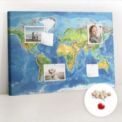 Coloray Planer na ścianę, tablica korkowa 100x70 cm, drewniane pinezki, wzór mapa świata