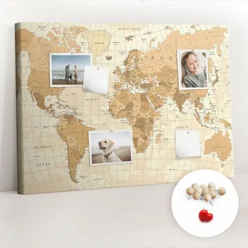 Planer na ścianę, Tablica korkowa 100x70 cm, Drewniane Pinezki, wzór Polityczna Mapa Świata