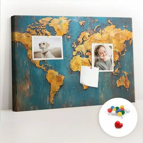 Szkolna Tablica korkowa 60x40 cm, Kolorowe Pinezki, wzór Dekoracyjna mapa świata