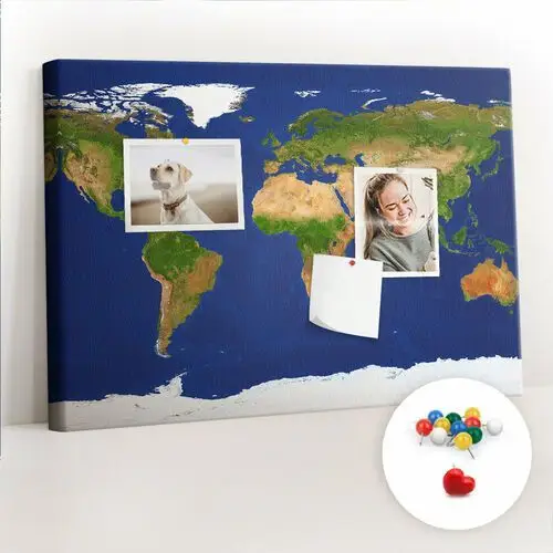 Szkolna tablica korkowa 60x40 cm, kolorowe pinezki, wzór duża mapa świata Coloray