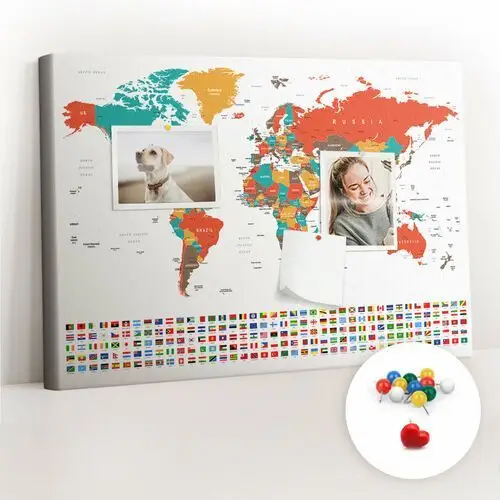 Coloray Szkolna tablica korkowa 60x40 cm, kolorowe pinezki, wzór kolorowa mapa świata
