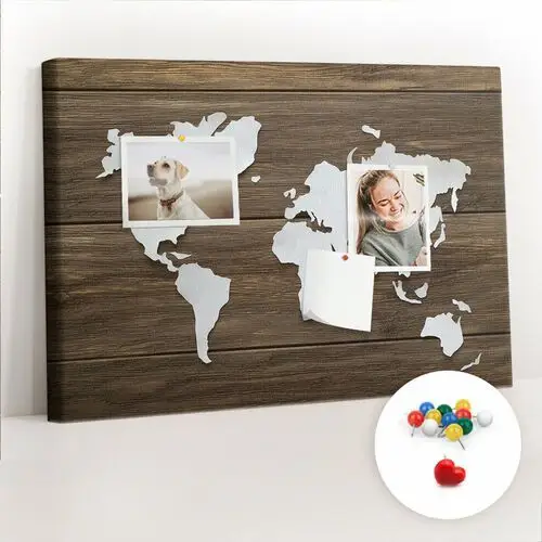 Coloray Szkolna tablica korkowa 60x40 cm, kolorowe pinezki, wzór mapa świata na deskach