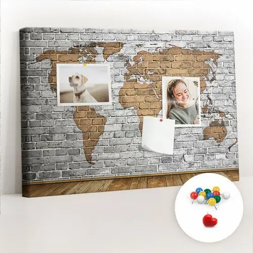 Szkolna Tablica korkowa 60x40 cm, Kolorowe Pinezki, wzór Mapa świata cegły