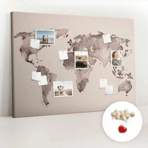 Coloray Wielka tablica korkowa 100x140 cm z grafiką - akwarela mapa świata + drewniane pinezki