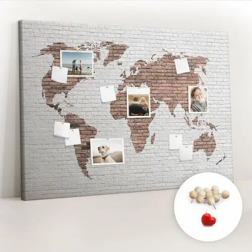 Wielka Tablica Korkowa 100x140 cm z grafiką - Ceglana mapa świata + Drewniane Pinezki