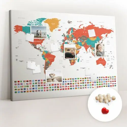 Coloray Wielka tablica korkowa 100x140 cm z grafiką - kolorowa mapa świata + drewniane pinezki