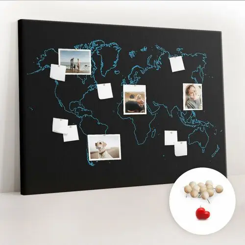 Wielka tablica korkowa 100x140 cm z grafiką - kontury mapy świata + drewniane pinezki Coloray