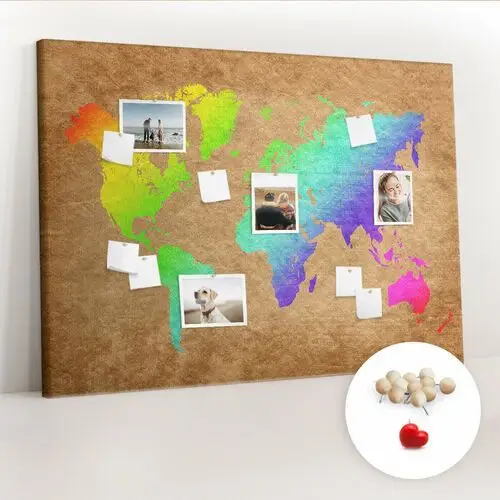 Wielka tablica korkowa 100x140 cm z grafiką - mapa świata + drewniane pinezki Coloray