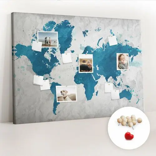 Wielka tablica korkowa 100x140 cm z grafiką - mapa świata + drewniane pinezki Coloray