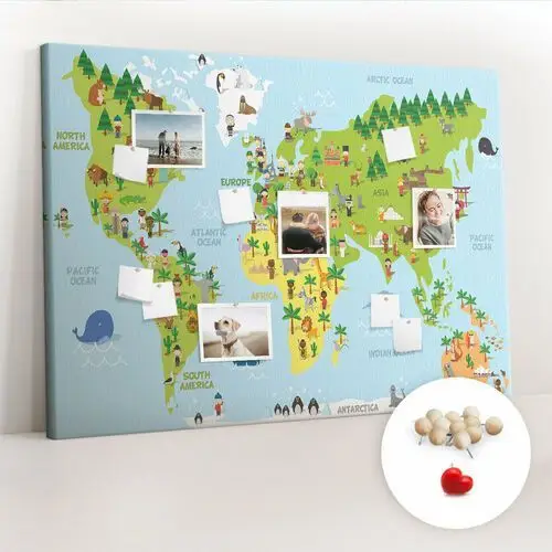 Wielka Tablica Korkowa 100x140 cm z grafiką - Mapa świata Kultury + Drewniane Pinezki