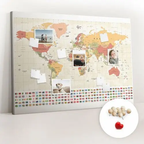 Coloray Wielka tablica korkowa 100x140 cm z grafiką - projekt mapy świata + drewniane pinezki