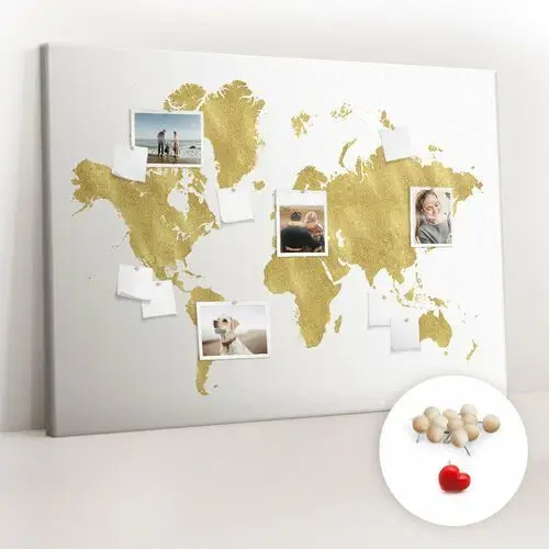Coloray Wielka tablica korkowa 100x140 cm z grafiką - złota mapa świata + drewniane pinezki