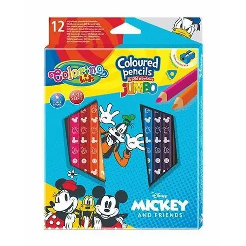 Kredki ołówkowe, trójkątne jumbo z temperówką, Colorino Kids, Mickey, 13 kolorów