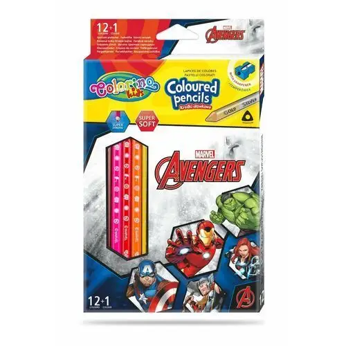 Kredki ołówkowe, trójkątne z temperówką, Colorino Kids, Avengers, 13 kolorów
